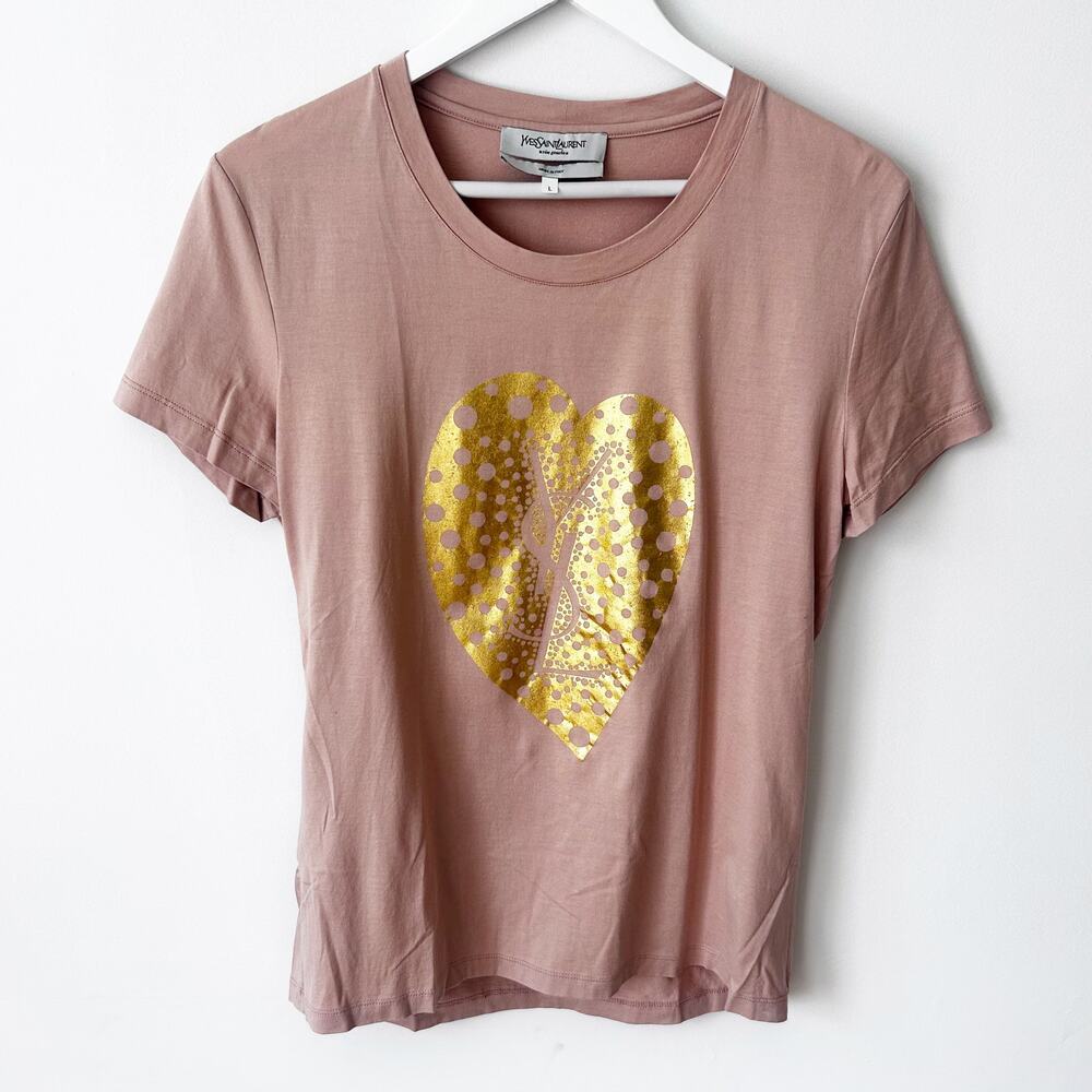 Vintage YSL Yves Saint Laurent T-Shirt Pink Gold Size L Made in Italy Heart